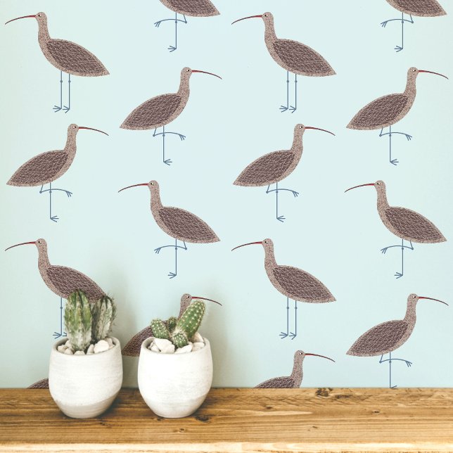 Wulp Vogels Kustpatroon Behang (Curlew coastal bird pale blue art peel and stick wallpaper)