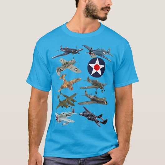WW2 Amerikaanse strijders F4U Corsair P-51 Mustang T-shirt (Voorkant)