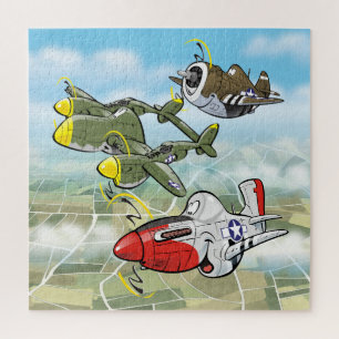 WW2-gevechtsvliegtuigen P-51, P-47, P-47karikature Legpuzzel