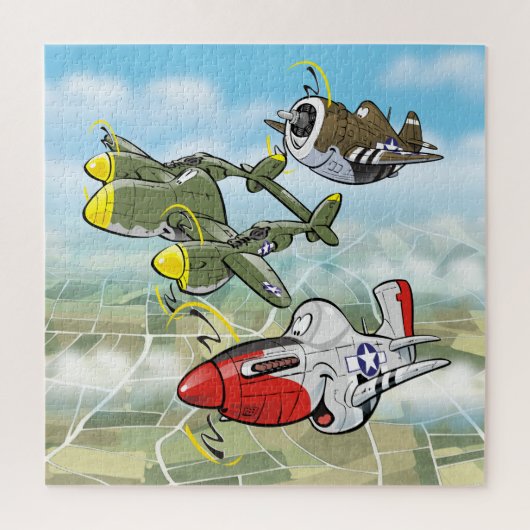 WW2-gevechtsvliegtuigen P-51, P-47, P-47karikature Legpuzzel (Verticaal)