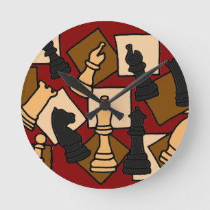WW — Chess Game Pieces Art Ronde Klok