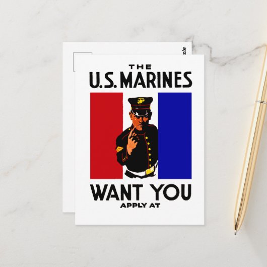  WWI Marine Recruitment Poster Briefkaart (Voorkant / Achterkant in situ)