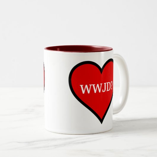 WWJD Heart Tweekleurige Koffiemok (Voorkant rechts)