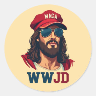 WWJD: Republikeinse Jesus in het MAGA Pet Ronde Sticker