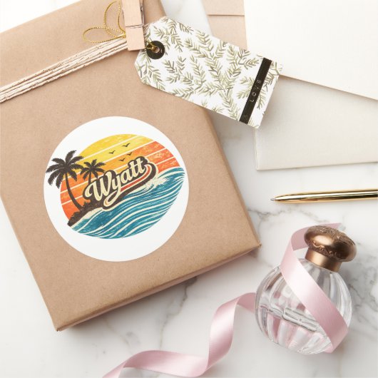 Wyatt Retro Sunset Naamontwerp Ronde Sticker (Geschenken)
