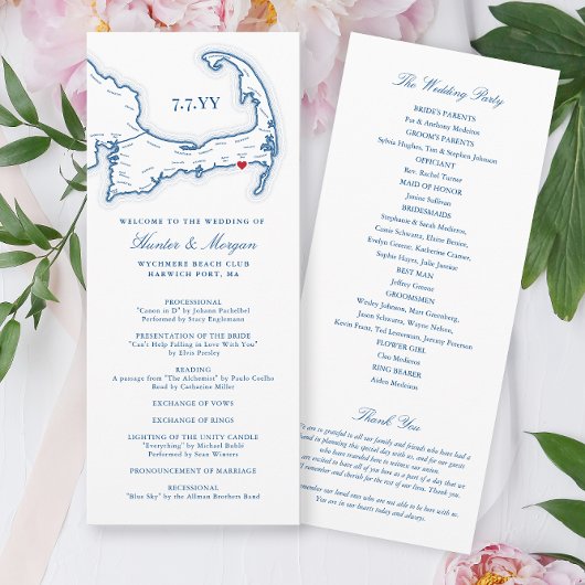 Wychmere Cape Cod Navy Bestemming Bruiloft Programmakaart