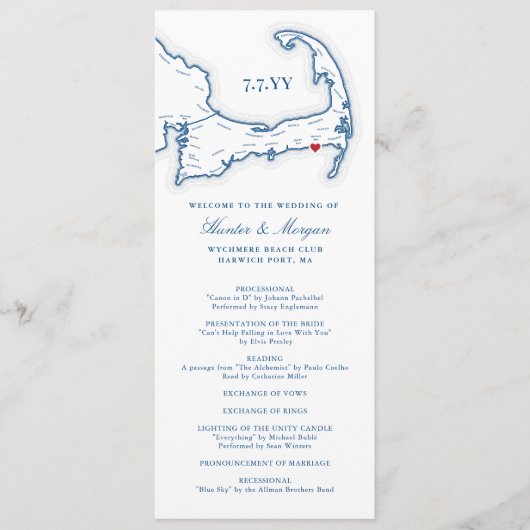 Wychmere Cape Cod Navy Bestemming Bruiloft Programmakaart (Voorkant)
