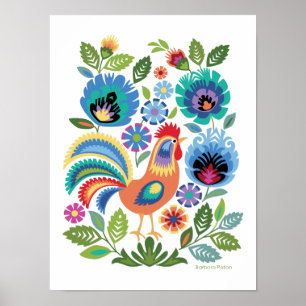 Wycinanki Haan & Bloemen op Wit, Pools Volks Poster