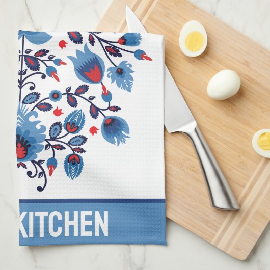 Wycinanki Lowicz ouverture in blauw en rood Theedoek (Quarter Fold)