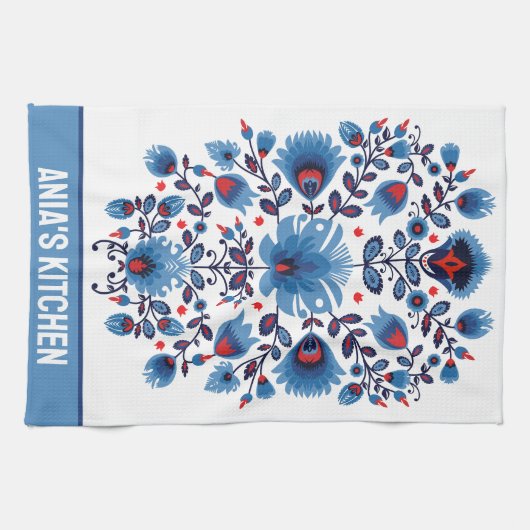 Wycinanki Lowicz ouverture in blauw en rood Theedoek (Horizontaal)