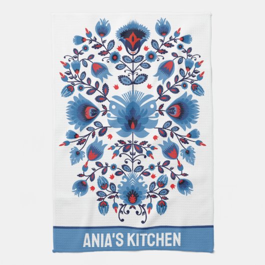 Wycinanki Lowicz ouverture in blauw en rood Theedoek (Verticaal)