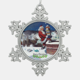 Wyeth - Kerstman brengt boeken voor Kerstmis. Tin Sneeuwvlok Ornament