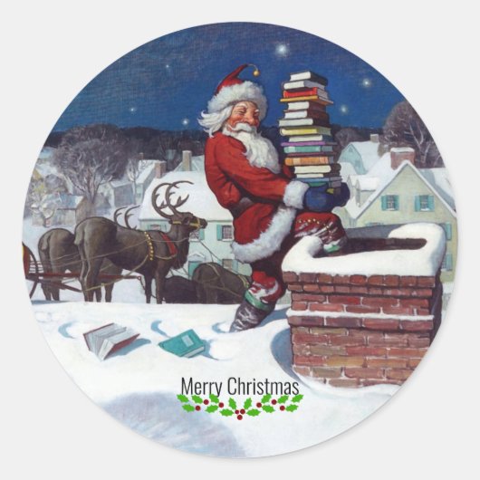 Wyeth - Santa Delivering Books for Christmas. Ronde Sticker (Voorkant)