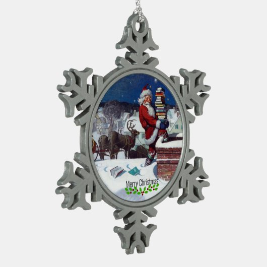 Wyeth - Santa Delivering Books for Christmas. Tin Sneeuwvlok Ornament (Links)
