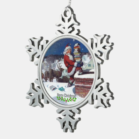 Wyeth - Santa Delivering Books for Christmas. Tin Sneeuwvlok Ornament (Rechts)