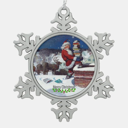 Wyeth - Santa Delivering Books for Christmas. Tin Sneeuwvlok Ornament (Voorkant)