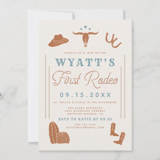 WYNONA Burnt Oranje Blue Cowboy 1st Rodeo Birthday Kaart (Voorkant)