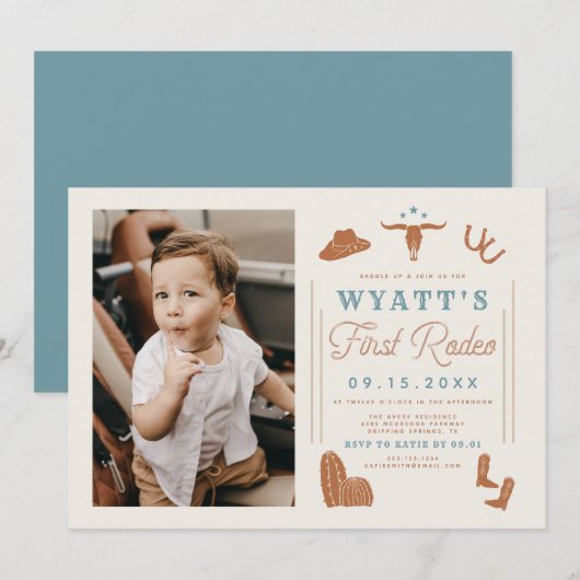 WYNONA Burnt Oranje Blue Cowboy 1st Rodeo Birthday Kaart (Voorkant / Achterkant)