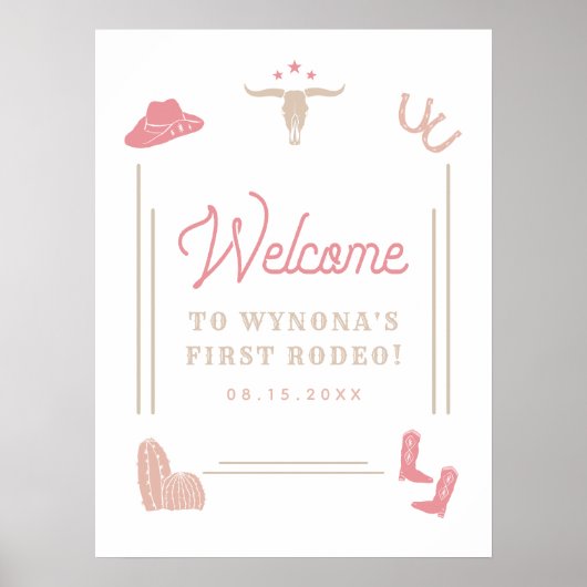 WYNONA Roze Cowgirl Eerste Rodeo Verjaardag Welkom Poster (Voorkant)