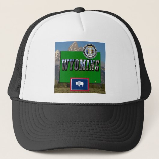 Wyoming-Afbeelding, Kaart, Vlag en staatszegel Trucker Pet (Voorkant)