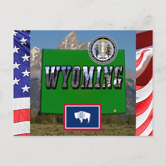 Wyoming Afbeelding & tekst, kaart, vlag & staatsze Briefkaart (Voorkant)