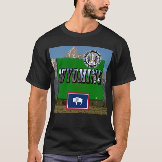 Wyoming Afbeelding & tekst, kaart, vlag & staatsze T-shirt (Voorkant)