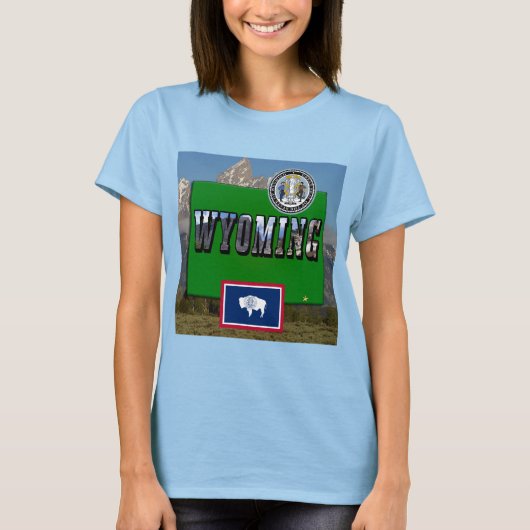 Wyoming Afbeelding & tekst, kaart, vlag & staatsze T-shirt (Voorkant)