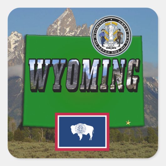 Wyoming Afbeelding & tekst, kaart, vlag & staatsze Vierkante Sticker (Voorkant)