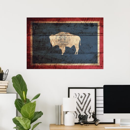 Wyoming State Flag op Old Wood Grain Poster (Thuiskantoor)
