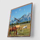 Wyoming, Teton-gebergte, met grazende paarden Vierkante Klok (Hoek)
