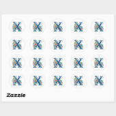X, blauw monogram met bloemen, AI-gegenereerd, Ronde Sticker (Vel)
