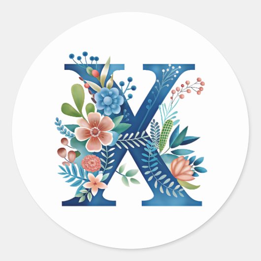 X, blauw monogram met bloemen, AI-gegenereerd, Ronde Sticker (Voorkant)