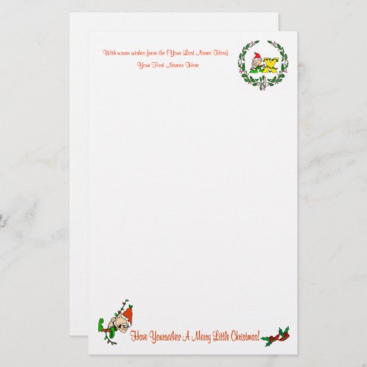 X - CHRISTMAS ELF MONOGRAM STATIONERY BRIEFPAPIER (Voorkant / Achterkant)
