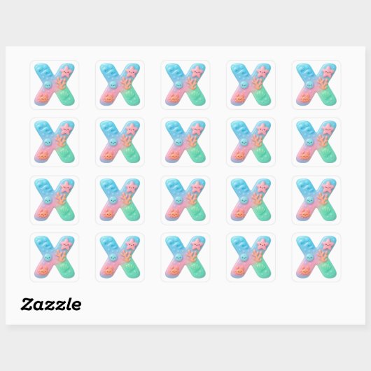 "X" Cute Letter - Underwater Sea Creature Vierkante Sticker (Vel)