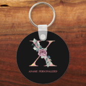 X Floral Monogram Name Letters Roze Agate Sleutelh Sleutelhanger (Voorkant)