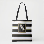 X Gold Floral Monogram | Zwarte witte gouden strep Tote Bag (Voorkant)