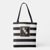 X Goud Bloem Monogram | Zwart Witte Gouden Strepen Tote Bag (Achterkant)