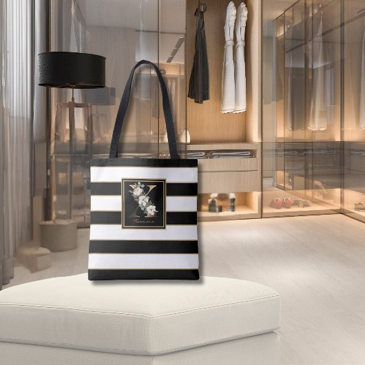 X Gouden Bloemen Monogram | Zwarte Witte Gouden St Tote Bag