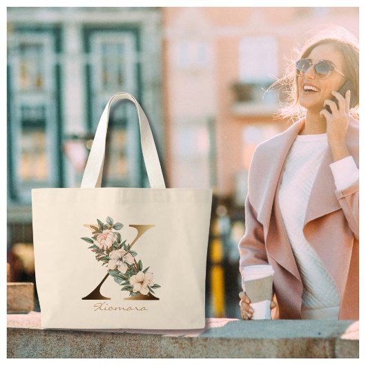 X Letter Gold Monogram White Blush Oranje Floral Grote Tote Bag