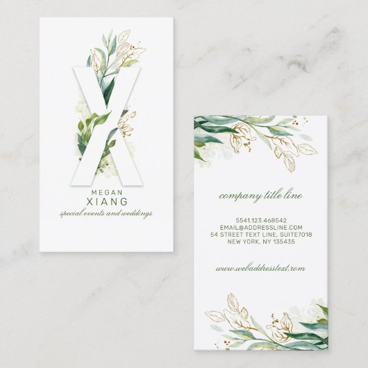 X Letter Monogram Gold Greenery Leaves Elegant Visitekaartje (Voorkant / Achterkant)