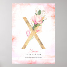 X Letter Monogram Gouden Bladeren Roze Magnolia Bl