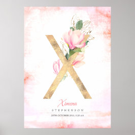 X Letter Monogram Gouden Bladeren Roze Magnolia Bl Poster
