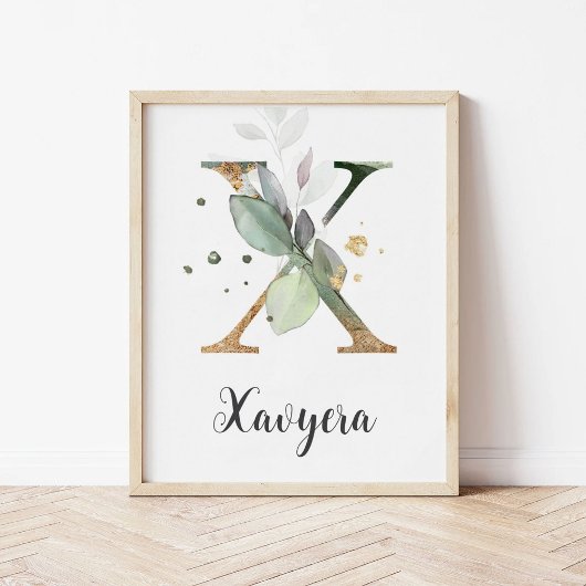 X Letter Monogram Groene Nursery Naam Muurprint Poster