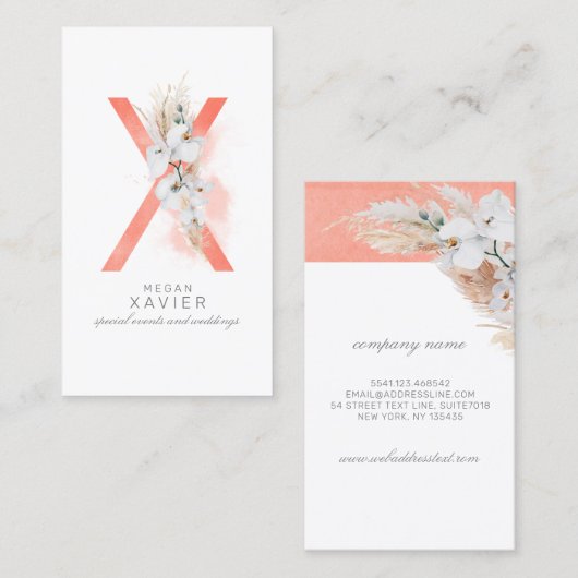 X Letter Monogram White Orchids and Pampas Grass Visitekaartje (Voorkant / Achterkant)