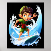 X-mas Christmas Elf Riding Surfboard Surfboard  Poster (Voorkant)