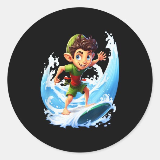 X-mas Christmas Elf Riding Surfboard Surfboard  Ronde Sticker (Voorkant)