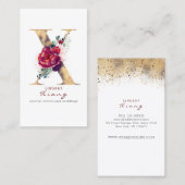 X Monogram Bourgondische rode bloemen en gouden gl Visitekaartje (Voorkant / Achterkant)