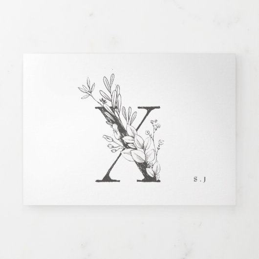 'X' Monogram mooi geborsteld Floral bruiloft Drieluik Uitnodiging (Cover)