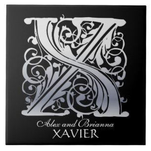 X Monogram "Silver Lace on Black" met Names-Tegel Tegeltje