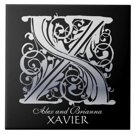 X Monogram "Silver Lace on Black" met Names-Tegel Tegeltje (Voorkant)